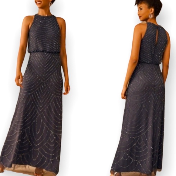 Adrianna Papell x BHLDN Madigan 2 & 4 Gray Chiffon Embellished Beaded Formal - Picture 8 of 9